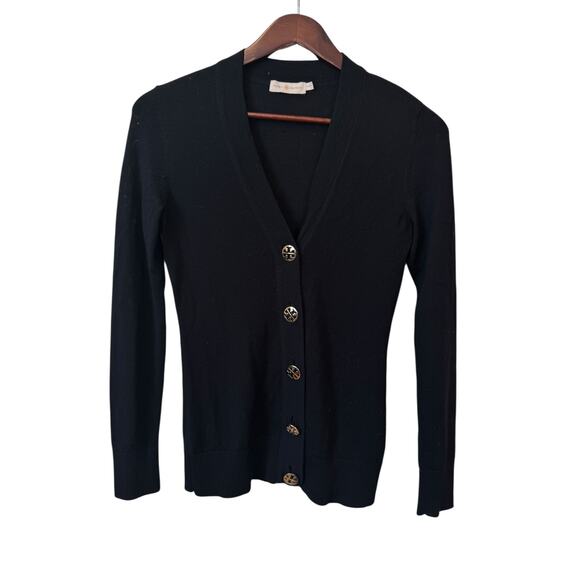 TORY BURCH Simone Cardigan Black Gold Oversized Logo Buttons Merino Wool Size XS - Picture 2 of 8